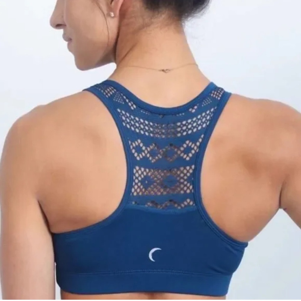 Zyia Active Classic Navy Bomber Sport Bra Blue Green Lace Racerback Sz